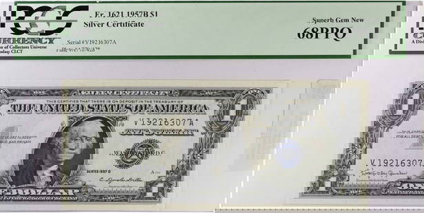 1957B $1 Small Silver Certificate Fr.1621 Superb Gem New 68Ppq Pcgs: Circulated/Uncirculated: Uncirculated Denomination: Dollar Year: 1957 Grade: MS68 Certification: Dollar Grade Designation: EPQ/PPQ Product Disclaimer: Grades are third-party opinions; authenticity is