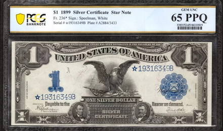 1899 $1 Silver Certificate Star Note Fr.236* Black Eagle Pcgs Gem Top Pop (349B)