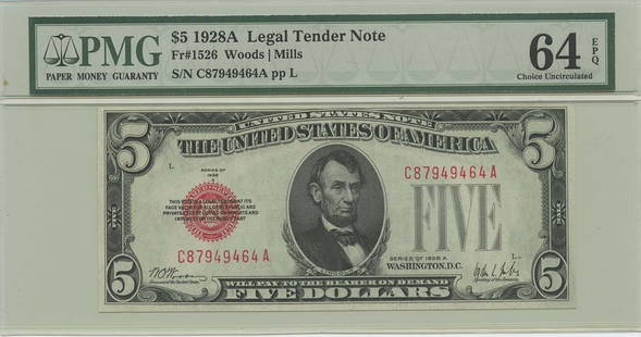 1928A $5 Legal Tender Fr#1526 Pmg 64 Ch Unc Epq: Certification: PMG Certification Number: 1073249065 Grade: MS64 Circulated/Uncirculated: Uncirculated Denomination: Legal Tender Note Type: 1526 Year: 1928 Product Disclaimer: Grades are third-party o