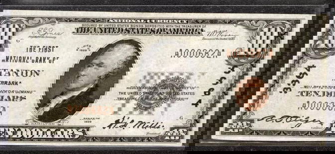 1929 $10 First National Banknote Currency Stanton Nebraska (682A): Certification: Uncertified Series Year: 1929 Year: 1929 Circulated/Uncirculated: Circulated Country: United States Category: Small National Bank Notes Serial No. : A000682A Denomination: $10 Product D