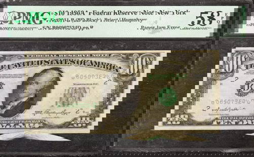1950 A $10 Federal Reserve Note New York Paper Jam Error Pmg Choice Au 58 Epq: Certification: PMG Grade: 58 Series Year: 1950A Year: 1950A Circulated/Uncirculated: Circulated Country: United States Category: Small Size $10 Federal Reserve Notes Serial No. : B06907524D Certificat