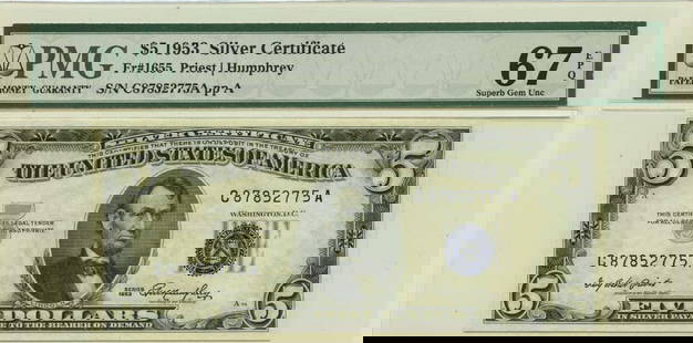 1953 $5 Silver Certificate Fr# 1655 Pmg Superb Gem67 Epq: Certification: PMG Certification Number: 0000017011 Grade: MS67 Circulated/Uncirculated: Uncirculated Denomination: Silver Certificate Type: 1655 Year: 1953 Product Disclaimer: Grades are third-party