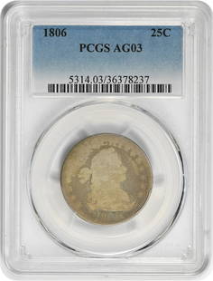 1806 Bust Silver Quarter Ag03 Pcgs: Certification: PCGS Circulated/Uncirculated: Circulated Year: 1806 Mint Location: Philadelphia Denomination: 25C Grade: AG Composition: 89.2% Silver 10.8% Copper Coin: Draped Bust Designer: Robert Sco