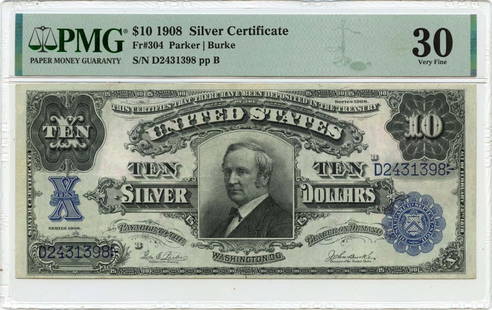 1908 $10 Silver Certificate Blue Tombstone Fr# 304 Pmg Vf30: Circulated/Uncirculated: Circulated Denomination: Silver Certificate Year: 1908 Grade: VF30 Certification: PMG Certification Number: 2296232017 Product Disclaimer: Grades are third-party opinions; aut