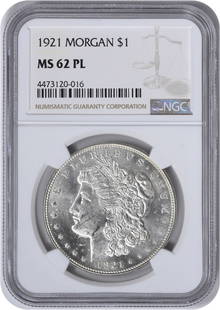 1921 Morgan Silver Dollar Ms62Pl Ngc: Certification: NGC Circulated/Uncirculated: Uncirculated Year: 1921 Composition: 90% Silver 10% Copper Mint Location: San Francisco Km Number: 110 Denomination: $1 Grade: MS62 Coin: Morgan Designer: G