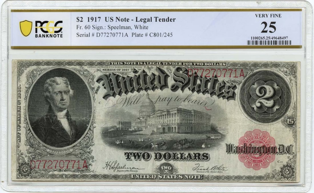 1917 $2 Legal Tender Small Red Scalloped Fr# 60 Pmg Vf25 (1 of 1)