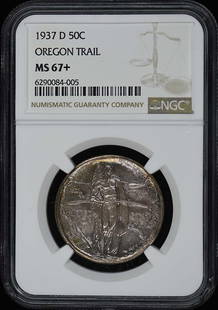 Oregon 1937-D Silver Commemorative 50C Ngc Ms67+: Certification: NGC Certification Number: 6290084005 Grade: MS67+ Year: 1937 Denomination: Oregon 50c Circulated/Uncirculated: Uncirculated Mint Location: Denver Designation: NONE Grade Add On: NONE Pr