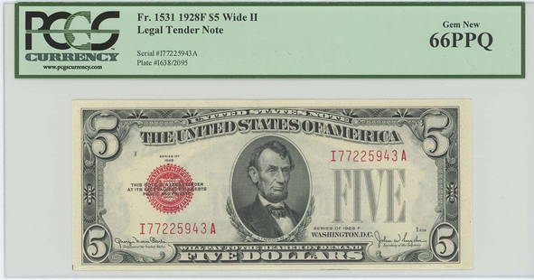 1928F $5 Legal Tender Fr#1531 Pcgs 66 Gem Ppq Wide Ii Pop 3: Certification: PCGS Currency Certification Number: 80307868 Grade: MS66 Circulated/Uncirculated: Uncirculated Denomination: Legal Tender Note Type: 1531 Year: 1928 Product Disclaimer: Grades are third