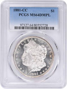 1881-Cc Morgan Silver Dollar Ms64Dmpl Pcgs: Certification: PCGS Circulated/Uncirculated: Uncirculated Year: 1881 Composition: 90% Silver 10% Copper Mint Location: Carson City Km Number: 110 Denomination: $1 Grade: MS64 Coin: Morgan Designer: Ge