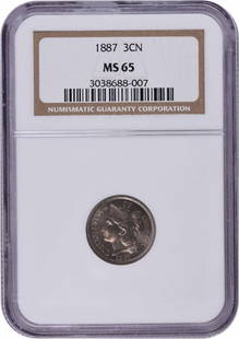 1887 Three Cent Nickel Ms65 Ngc: Certification: NGC Circulated/Uncirculated: Uncirculated Year: 1887 Mint Location: Philadelphia Km Number: 95 Denomination: 3C Grade: MS65 Composition: 75% Copper 25% Nickel Designer: James Barton Lon