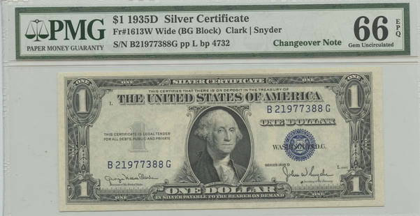 1935D $1 Silver Certificate Pmg 66/63 Epq Changeover Notes Wide/Narrow: Certification: PMG Certification Number: 8010062018 Grade: MS66 Circulated/Uncirculated: Uncirculated Denomination: Silver Certificate Type: 1613 N/W Year: 1935 Product Disclaimer: Grades are third-pa