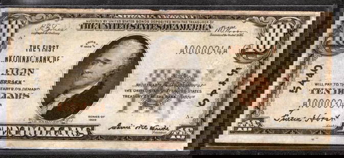 1929 $10 First National Banknote Currency Elgin Nebraska (034A): Certification: Uncertified Series Year: 1929 Year: 1929 Circulated/Uncirculated: Circulated Country: United States Category: Small National Bank Notes Serial No. : A000034A Denomination: $10 Product D