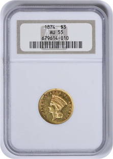 1874 $3 Gold Au55 Ngc: Certification: NGC Circulated/Uncirculated: Circulated Year: 1874 Mint Location: Philadelphia Km Number: 84 Denomination: $3 Fineness: 0.9 Grade: AU Composition: 90% Gold 10% Copper Designer: James Ba