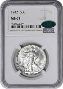 1942 Walking Liberty Silver Half Dollar Ms67 Ngc (Cac): Certification: NGC Circulated/Uncirculated: Uncirculated Km Number: 142 Year: 1942 Grade: MS67 Mint Location: No Mint Mark Composition: Silver Denomination: 50C Coin: Liberty Walking Product Disclaime