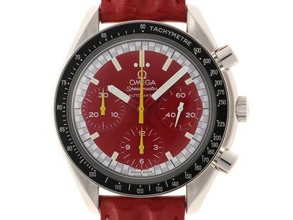 Omega Speedmaster Racing Schumacher 3810.61.41 Red Dial Automatic: Material: SS/LEATHER Size: 39mm Bracelet: Maximum arm circumference 19cm Type: Wrist watch Product Disclaimer: Items may exhibit light wear, such as minor scratches or slight tarnishing appropriate to
