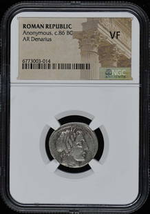 Anonymous, C.86 Bc Roman Republic Ar Denarius Ngc Vf20: Certification: NGC Certification Number: 6773003014 Denomination: Ancient Roman Grade: VF20 Product Disclaimer: Grades are third-party opinions; authenticity is guaranteed. Photos are part of the desc