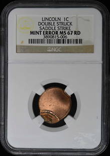 Lincoln 1C Double Struck Saddle Strike Mint Error Ms67Rd: Certification: NGC Certification Number: 3890815006 Grade: MS67 Year: NONE Mint Location: NONE Designation: RD Denomination Type: Lincoln Cent Product Disclaimer: Grades are third-party opinions; auth