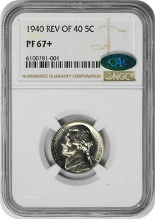 1940 Jefferson Nickel Reverse Of 1940 Pr67+ Ngc (Cac): Certification: NGC Year: 1940 Circulated/Uncirculated: Uncirculated Denomination: 5C Strike Type: Proof Grade: PR67 Composition: 75% Copper 25% Nickel Mint Location: Philadelphia Km Number: 192 Coin: