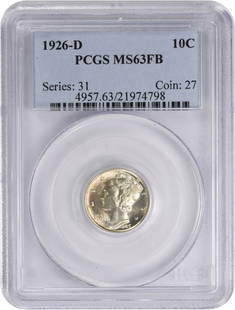 1926-D Mercury Silver Dime Ms63Fb Pcgs: Certification: PCGS Circulated/Uncirculated: Uncirculated Year: 1926 Mint Location: Denver Km Number: 140 Denomination: 10C Grade: MS63 Composition: 90% Silver 10% Copper Coin: Mercury Designer: Adolp