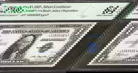 1935 $1 Silver Certificate Fr.1607* Star Note *A Block Pmg Ch Unc 64 Epq (382A): Certification: PMG Grade: 64 Series Year: 1935 Year: 1935 Circulated/Uncirculated: Circulated Country: United States Category: Small Silver Certificates Serial No. : *10585382A Certification Number: 2
