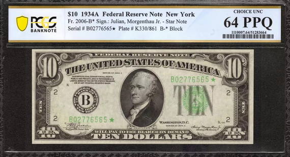 1934 A $10 Federal Reserve Star Note Fr.2006-B* New York Pcgs Cu 64 Ppq (565*): Certification: PCGS Grade Designation: EPQ/PPQ Grade: 64 PPQ Series Year: 1934 Year: 1934 Circulated/Uncirculated: Circulated Country: United States Category: Small Size $10 Federal Reserve Notes Seri