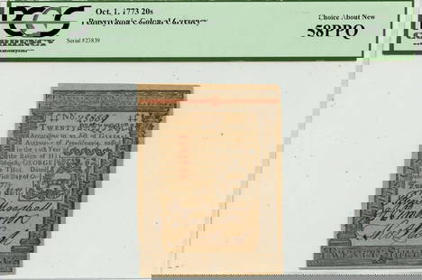 1773 October 1 20 Shillings Pa Colonial Note Pa-168 Au58 Ppq: Certification: PCGS Currency Certification Number: 80333080-1 Grade: AU58 Circulated/Uncirculated: Uncirculated Denomination: Colonial Currency Type: PA-168 Product Disclaimer: Grades are third-party