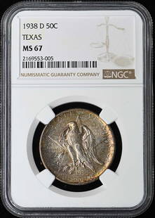 Texas 1938-D Texas Silver Commemorative 50C Ngc Ms67: Certification: NGC Certification Number: 2169553005 Grade: MS67 Year: 1938 Denomination: Texas 50c Circulated/Uncirculated: Uncirculated Mint Location: Denver Designation: NONE Grade Add On: NONE Prod
