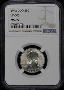 1943 Ddo Washington Quarter Vp-005 25C Ngc Ms65: Certification: NGC Certification Number: 6898008030 Grade: MS65 Year: 1943 Circulated/Uncirculated: Uncirculated Mint Location: NONE Designation: NONE Grade Add On: NONE Product Disclaimer: Grades are