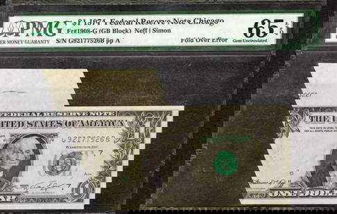 1974 $1 Federal Reserve Note Chicago Fr.1908-G Fold Over Error Pmg Gem 65 Epq: Certification: PMG Grade: 65 Series Year: 1974 Year: 1974 Circulated/Uncirculated: Circulated Country: United States Category: Small Size $1 Federal Reserve Notes Serial No. : G92177526B Certification