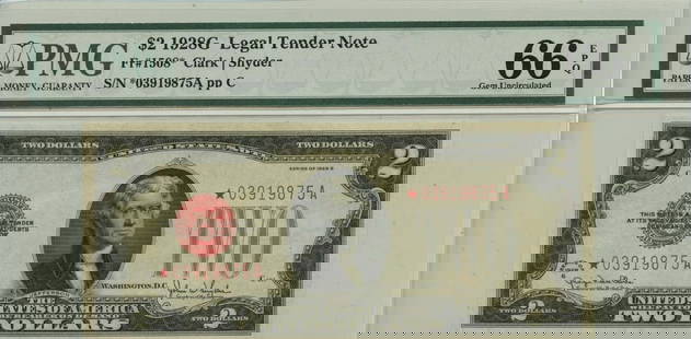 1928G $2 Legal Tender Note  Fr# 1508* Pmg Gem66 Epq: Certification: PMG Certification Number: 1141723001 Grade: MS66 Circulated/Uncirculated: Uncirculated Denomination: Legal Tender Note Type: 1508* Year: 1928 Product Disclaimer: Grades are third-party