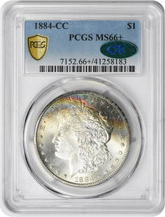 1884-Cc Morgan Silver Dollar Ms66+ Pcgs (Cac): Certification: PCGS Circulated/Uncirculated: Uncirculated Year: 1884 Composition: 90% Silver 10% Copper Mint Location: Carson City Km Number: 110 Denomination: $1 Grade: MS66 Coin: Morgan Designer: Ge