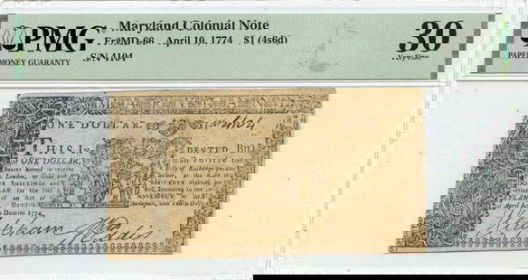 April 10 $1 (4S6D) Maryland Colonial Note 1774 Md-66 Pmg Vf30: Certification: PMG Certification Number: 2108279001 Grade: VF30 Circulated/Uncirculated: Circulated Denomination: Colonial Currency Type: MD-66 Product Disclaimer: Grades are third-party opinions; aut