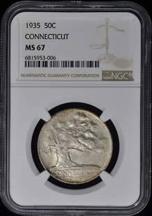 Connecticut 1935 Silver Commemorative 50C Ngc Ms67: Certification: NGC Certification Number: 6815953006 Grade: MS67 Year: NONE Denomination: Connecticut 50c Circulated/Uncirculated: Uncirculated Mint Location: Philadelphia Designation: NONE Grade Add O