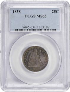 1858 Liberty Seated Silver Quarter Ms63 Pcgs: Certification: PCGS Circulated/Uncirculated: Circulated Year: 1858 Mint Location: Philadelphia Km Number: 64.2 Denomination: 25C Grade: MS63 Composition: 90% Silver 10% Copper Coin: Seated Liberty Des