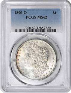1890-O Morgan Silver Dollar Ms62 Pcgs: Certification: PCGS Circulated/Uncirculated: Uncirculated Year: 1890 Composition: 90% Silver 10% Copper Mint Location: New Orleans Km Number: 110 Denomination: $1 Grade: MS62 Coin: Morgan Designer: Ge