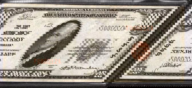 1929 $10 First National Banknote Currency Bayard Nebraska (212A): Certification: Uncertified Series Year: 1929 Year: 1929 Circulated/Uncirculated: Circulated Country: United States Category: Small National Bank Notes Serial No. : F000212A Denomination: $10 Product D