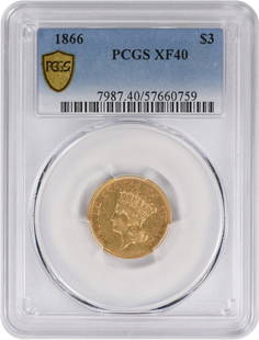 1866 $3 Gold Ef40 Pcgs: Certification: PCGS Circulated/Uncirculated: Circulated Year: 1866 Mint Location: Philadelphia Km Number: 84 Denomination: $3 Fineness: 0.9 Grade: EF Composition: 90% Gold 10% Copper Designer: James B