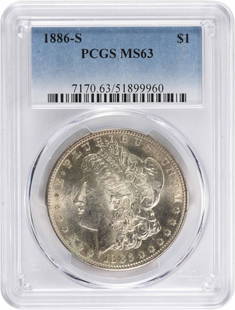 1886-S Morgan Silver Dollar Ms63 Pcgs: Certification: PCGS Circulated/Uncirculated: Uncirculated Year: 1886 Composition: 90% Silver 10% Copper Mint Location: San Francisco Km Number: 110 Denomination: $1 Grade: MS63 Coin: Morgan Designer: