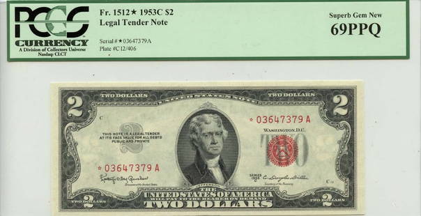 1953C $2 Legal Tender Note Fr#1512* Superb Gem69 Ppq: Certification: PCGS Currency Certification Number: 80086688 Grade: MS69 Circulated/Uncirculated: Uncirculated Denomination: Legal Tender Note Type: 1512* Year: 1953 Product Disclaimer: Grades are thir