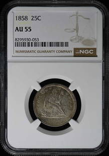 1858 No Motto Seated Liberty Quarter 25C Ngc Au55: Certification: NGC Certification Number: 8295930053 Grade: AU55 Year: 1858 Circulated/Uncirculated: Circulated Mint Location: Philadelphia Designation: NONE Denomination Type: Liberty Seated Quarter G