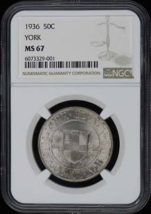 York 1936 Silver Commemorative 50C Ngc Ms67: Certification: NGC Certification Number: 6073329001 Grade: MS67 Year: NONE Denomination: York 50c Circulated/Uncirculated: Uncirculated Mint Location: Philadelphia Designation: NONE Grade Add On: NONE
