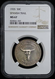 Spanish Trail 1935 Silver Commemorative 50C Ngc Ms67: Certification: NGC Certification Number: 8208261007-1 Grade: MS67 Year: NONE Denomination: Spanish Trail 50c Circulated/Uncirculated: Uncirculated Mint Location: Philadelphia Designation: NONE Grade A