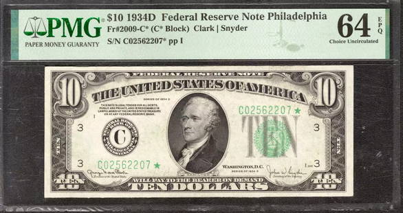 1934 D $10 Federal Reserve Star Note Philadelphia Fr.2009-C* Pmg Cu 64 Epq (207*: Certification: PMG Grade Designation: EPQ/PPQ Grade: 64 EPQ Series Year: 1934D Year: 1934D Circulated/Uncirculated: Circulated Country: United States Category: Small Size $10 Federal Reserve Notes Ser