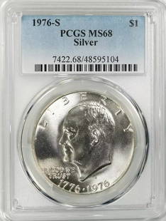 1976 S Eisenhower Ike Dollar $1 Pcgs Certified Ms 68 Mint State Unc Silver (104): Certification: PCGS Composition: Silver Grade: MS 68 Year: 1976 Circulated/Uncirculated: Uncirculated Mint Location: SAN FRANCISCO Km Number: Unknown Certification Number: 48595104 Denomination: Dolla