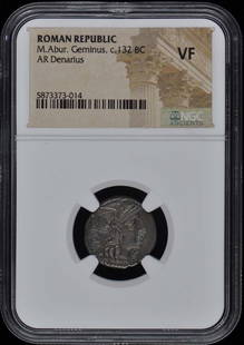 M.Abur. Geminus, C.132 Bc Roman Republic Ar Denarius Ngc Vf20: Certification: NGC Certification Number: 5873373014 Denomination: Ancient Roman Grade: VF20 Date: NONE Product Disclaimer: Grades are third-party opinions; authenticity is guaranteed. Photos are part