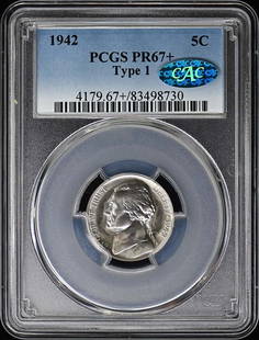 1942 5C Type 1 Jefferson Nickel Pcgs Pr67+ (Cac): Certification: PCGS Year: 1942 Circulated/Uncirculated: Uncirculated Denomination: Jefferson Nickel Strike Type: Proof Grade: PR67+ Mint Location: Philadelphia Certification Number: 83498730 Denominat