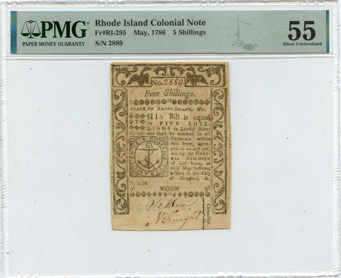 1786 May 5 Shillings Rhode Island Colonial Note  Ri-295 Pmg Au55 (1 of 1)