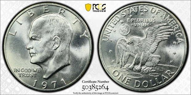 1971 S Eisenhower Ike Dollar $1 Silver Pcgs Certified Ms 67 Mint State Unc (264): Certification: PCGS Composition: Silver Grade: MS 67 Year: 1971 Circulated/Uncirculated: Uncirculated Mint Location: SAN FRANCISCO Km Number: Unknown Certification Number: 50385264 Denomination: Dolla