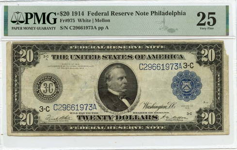 1914 $20 Federal Reserve Note Philadelphia Pa Fr# 975 Pmg Vf25: Certification: PMG Certification Number: 2202701032 Grade: VF25 Circulated/Uncirculated: Circulated Denomination: Federal Reserve Note Type: 975 Year: 1914 Product Disclaimer: Grades are third-party o