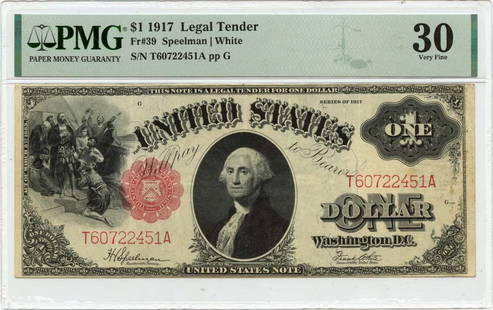 1917 $1 Legal Tender Pmg Vf30 Fr#39: Circulated/Uncirculated: Circulated Certification: PMG Certification Number: 2022577008-1 Grade: VF30 Denomination: Legal Tender Note Year: 1917 Product Disclaimer: Grades are third-party opinions; au
